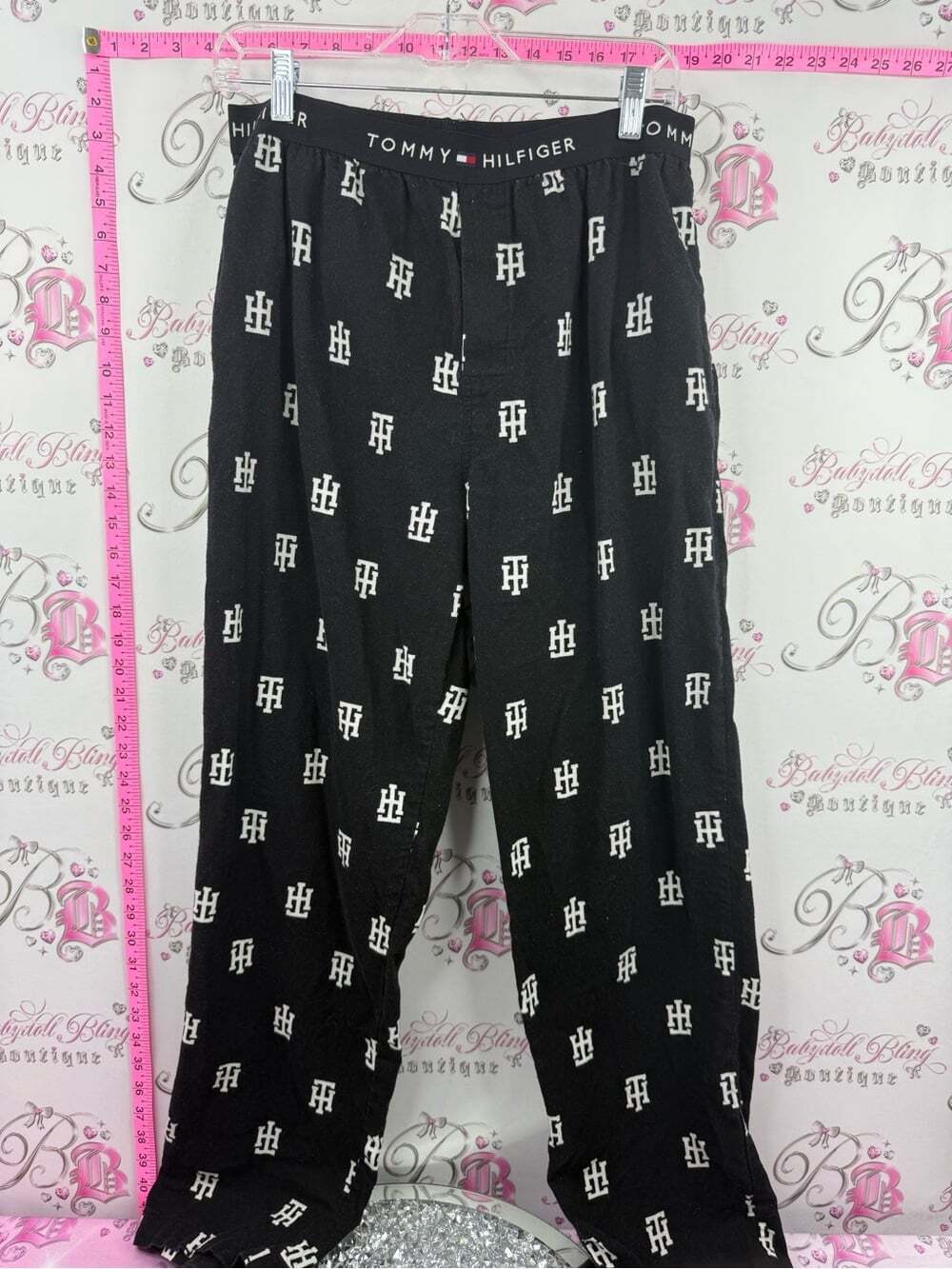 Tommy Hilfiger Black Wide-Leg Pants with White Logo Print